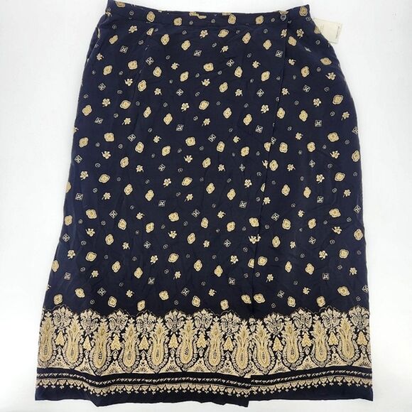 Coldwater Creek Silk Midi Maxi Skirt Size 2X Womens Black Beige Faux Wrap - Picture 1 of 9